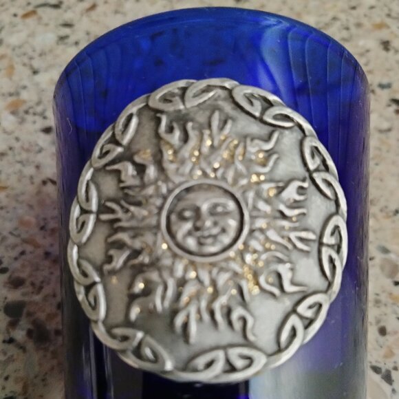 DUO: Cobalt Blue Glass Ashtray & Shot Glass Pewter Sun Medallion - Picture 3 of 11